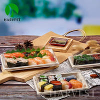 Bandeja de pulpa de bagazo de caña de azúcar al por mayor para sushi y postres, desechable, biodegradable, compostable, impermeable, para llevar