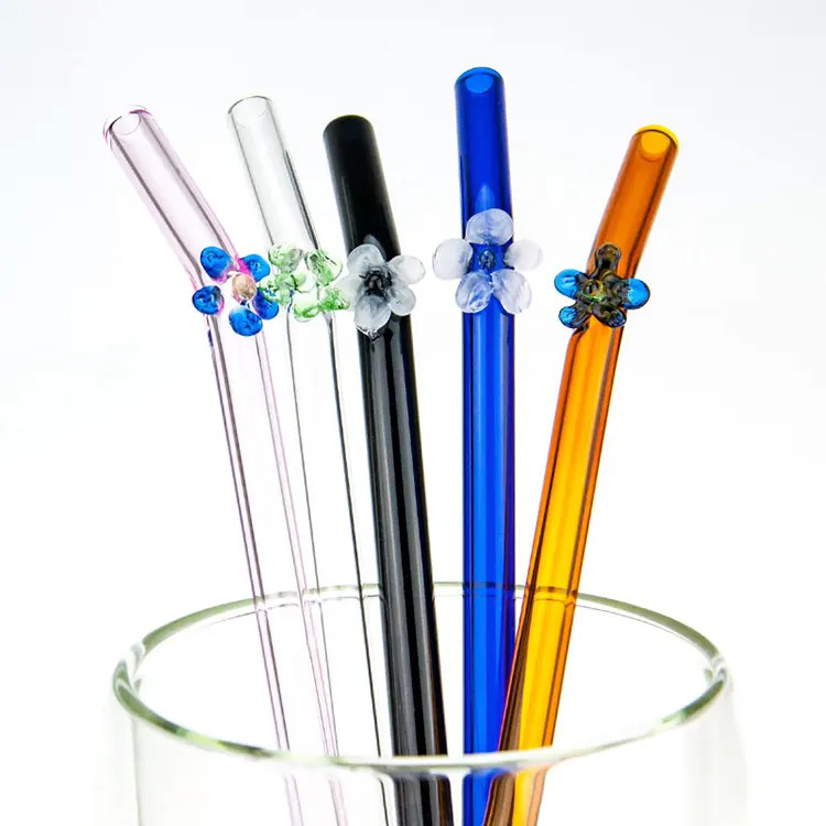 Flower Design Reusable Colorful Transparent Bent Color Glass Straws