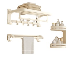 Ensemble de suspension de salle de bain moderne style crème, porte-serviettes en aluminium spatial, design sans perçage pour application extérieure - Product Image 5