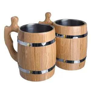 Custom White Oak Wood Beer Cup High quality Barrel Shape Wooden Beer Mug For Bar