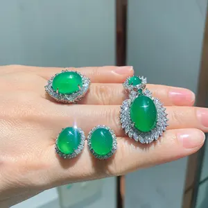 Gemstone Anniversary Party Earrings exquisite jewelry Natural Gem Emerald Girl Ring Pendant Set