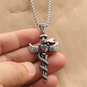 Collier Épée Sacrée en Acier Inoxydable avec Pendentif Pierre Rouge, Bijou Tendance pour Homme, Accessoire Style Hip Hop - Product Image 4
