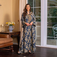 Robe Kaftan brodée à la main, jacquard doré, col en V, longueur au sol, manches longues, coupe ample, tenue de soirée pour le Ramadan et l'Aïd