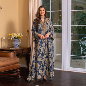 Robe Kaftan brodée à la main, jacquard doré, col en V, longueur au sol, manches longues, coupe ample, tenue de soirée <span class=keywords><strong>pour</strong></span> le Ramadan et l'Aïd - Product Image 3