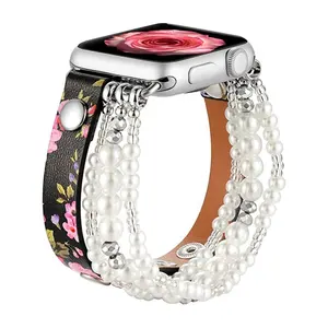 Neues Luxus leder mit Schmuck armband Damen Elastic Beaded Band für Apple Watch9 Strap