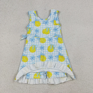 Vestido sin mangas para niñas pequeñas, con estampado de limones y lazos, a cuadros azules, estilo yoga, pantalones cortos activos hasta la rodilla - Product Image 4