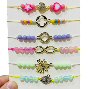 6 Pieces Summer Colorful Hand Rope Woven String Beaded Bracelet Handmade Diy Bead Chain Bracelet Set