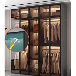 Modern Glass Door <b>Wardrobe</b> Solid Wood Eco Board Hinged Door Bedroom <b>Storage</b> Closet Combination DIY Ready Made <b>Wardrobe</b> - Product Image 2