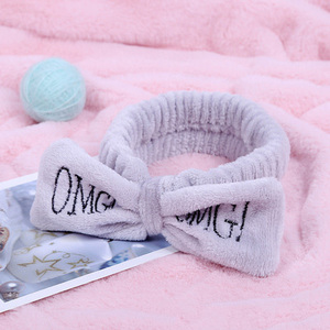 Wholesales Girls Cute <strong>Face</strong> <strong>Washing</strong> Plush Hairband OMG Letters Bow Coral Fleece <strong>Headband</strong> - Product Image 5