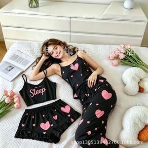 Conjunto de Ropa para el Hogar de Cuatro Piezas, Estilo 2026, con Diseño de Estampado de Corazones, Camisola y Pantalones Cortos Dulces, Pijama 7707 - Product Image 3