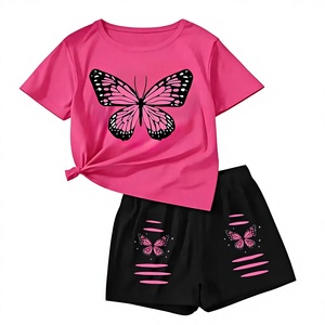 Pink Girls 2Pcs Set Comfortable Customizable Short Sleeve T-Shirt Butterfly Print Elastic Waist Shorts Casual All-Season Outfit - Product Image 3