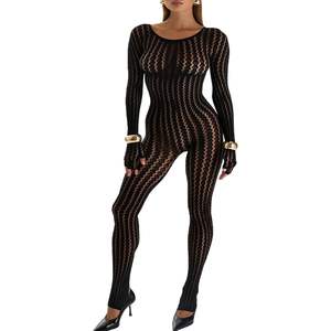 Mono de malla transparente negro para mujer, manga larga, con aberturas, sexy, ajustado, para fiesta, sin costuras, ropa de club. - Product Image 1