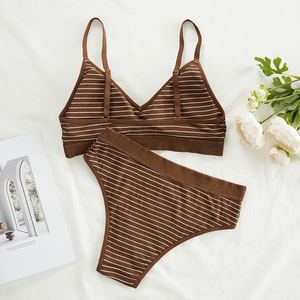 אופנה ביקיני סט נשים פס יבול צמרות בסיסיות סרוג נשים טנק חזייה נשים מוצהרת כותנה קצרה תחתונים וחזיית סט - Product Image 2