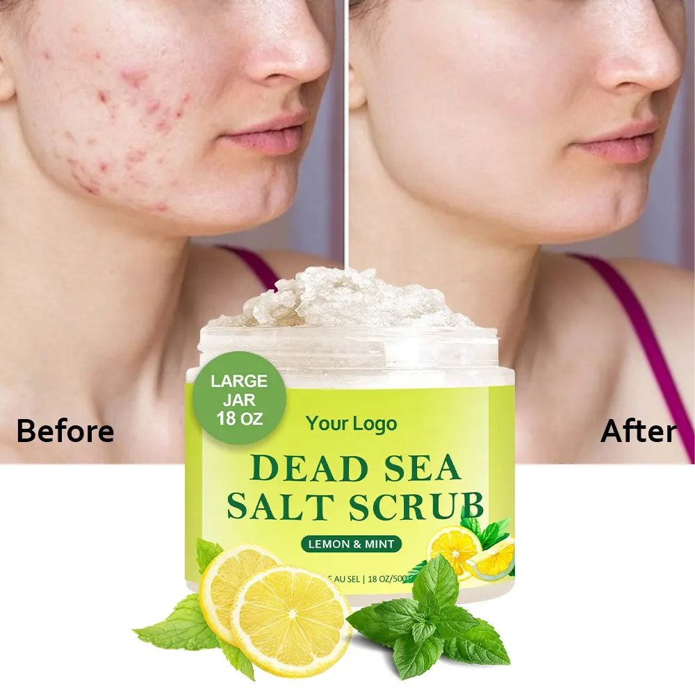 wholesale custom Lemon Oil mint essential oil Dead Sea salt scrub for face body dead skin removal relaxing anti acne brightening