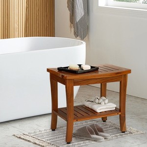 Tabouret de salle de bain en teck Kaijiang avec étagère de rangement, siège de douche pliable imperméable, utilisation intérieure et extérieure - Product Image 2