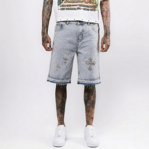 Hot Supplier Custom Luxury Rhinestone Denim Shorts Unisex Handmade Beaded Streetwear Vintage Acid Wash Shorts Wholesale TKAN834 - Product Image 3