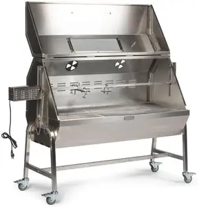 Barbecue Grill 125 LB En Acier Inoxydable Barbecue À Charbon De Bois Extérieur Avec Couvercle À Capuche Fenêtre En Verre Poulet Rôti Agneau Cochon Boeuf