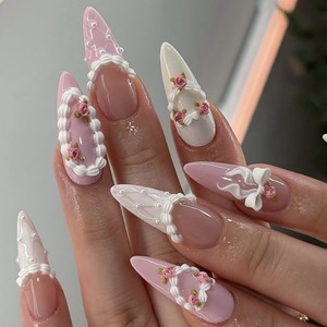 Boîte de 30 faux ongles à presser, style Y2K Millennial Spicy Girl, romantique, floral, <span class=keywords><strong>pastel</strong></span>, haut de gamme, tendance Instagram, pour l'<span class=keywords><strong>été</strong></span> - Product Image 1
