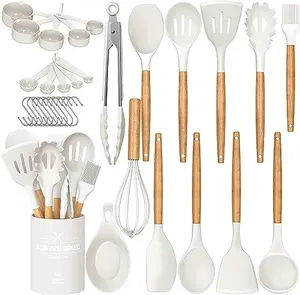 Juego de utensilios de cocina de silicona antiadherente de 33 piezas con bandeja de espátula de cocina con mango de madera