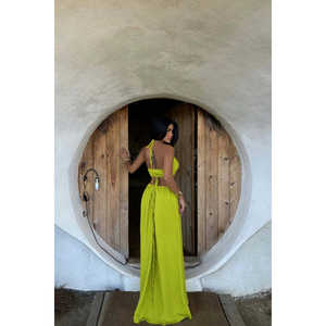 Robe de soirée formelle verte Anda taille XL, col rond, bretelles spaghetti, coupe trapèze, avec paillettes et plumes, longueur ras du sol - Product Image 2