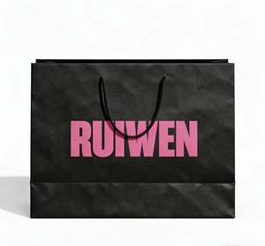 Sacs shopping en papier kraft noir mat de luxe avec impression de logo rose personnalisée et poignée en ruban pour l'emballage de boutiques de vêtements - Product Image 3