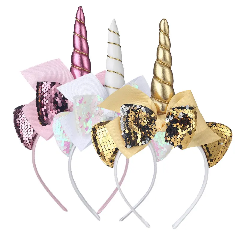 Bandeau à paillettes en forme de licorne avec nœud, pour enfants, fête, bandeau pour Halloween, anniversaire, accessoires de coiffure, couronne de fête