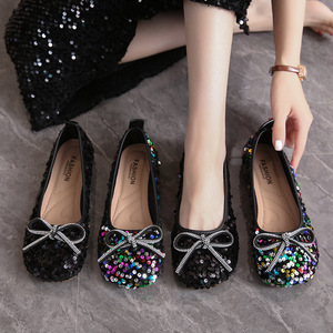 Ladies Luxury Slip-On Anti-Slippery Pointed Toe Sequin Bow <b>Flats</b> Breathable Comfortable Summer Shoes PU Lining - Product Image 2