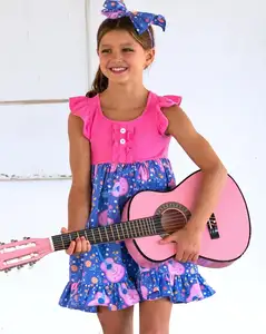 नवीनतम डिजाइन कस्टम बच्चों करने के लिए वापस स्कूल ड्रेस गिटार मुद्रित बच्चों व्याकुल ब्लू फैशन गर्मियों में लड़की के कपड़े