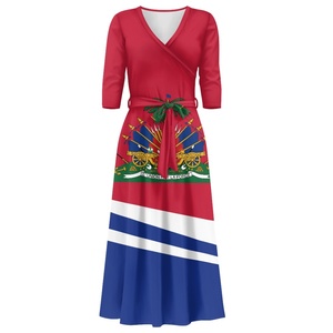 Polynesian Haitian Pattern Elegant V Neck Maxi Dress Customized Logo Half Sleeve Pocket Dress New Arrivals Tie Waist Skirts <strong>Hot</strong> - Product Image 4