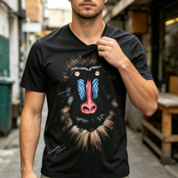 T-shirt décontracté pour homme à col en V noir avec imprimé babouin, personnalisable avec divers motifs animaliers