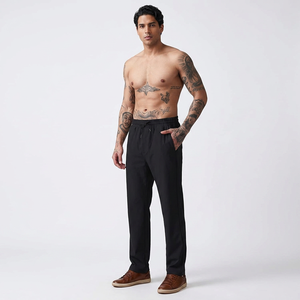 Pantalon droit en mélange de lin et de coton noir pour homme, avec cordon de serrage, taille élastique, poches latérales, décontracté, respirant, léger, été - Product Image 1