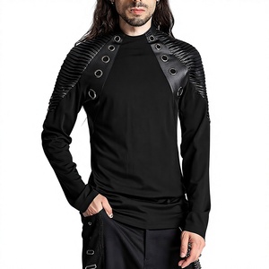 Men's <b>Gothic</b> Black Long Sleeve T-<b>Shirt</b> Slim Fit Top with Pleated Faux Leather Shoulders and Rivet Details - Product Image 1