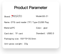 GS21 YESIDO 2 en 1 Adaptador Multifunción USB 2.0 Tipo-C a USB y Lector de Tarjetas OTG para Tarjetas TF