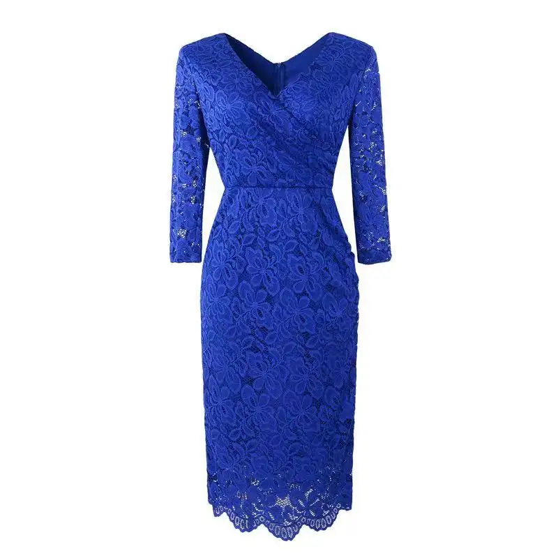 Low Price One Piece New Arrivals Ladys Trendy V-Neck Sexy Navy Blue Women Styles Slim Lace Pencil Sheer Mesh Shift Dresses