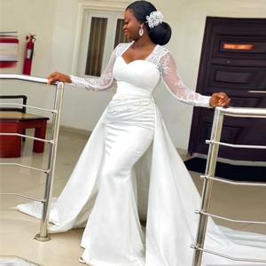 S0709Y      Nouvelle robe de mariée africaine démontable, robe de soirée blanche en satin à taille haute et coupe ajustée - Product Image 1