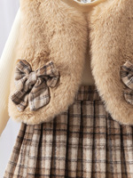Ensemble pour filles Automne/Hiver Nouveau Ensemble 3 pièces pour filles : Gilet en fourrure + Haut en tricot + Jupe courte à carreaux