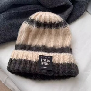 Deinms Deinms Bonnet en tricot épais pour femme, rayé rose et crème, chaud et coupe-vent, pour l'automne et l'hiver, tenue décontractée - Product Image 5