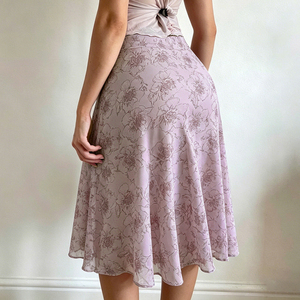 Purple Floral a Line Midi <b>Skirt</b> Breathable <b>Elastic</b> Waist Mesh Detail Bow Tie Casual Flowy for Women - Product Image 2