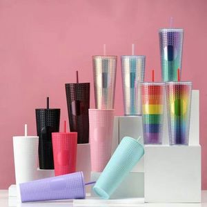 Gobelet noir mat sans BPA de 24 oz avec couvercle à grille et paillettes, et paille, pour boissons froides, compatible eau bouillante - Product Image 1