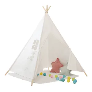 Baby Tipi Tent House Playhouse Indoor Foldable Children's Toy Tents Cotton Canvas 4 Poles Kids Indian Teepee Tent