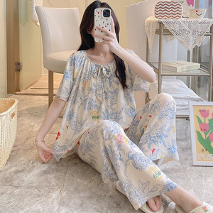 Stampa alla moda pantaloni lunghi a manica corta in stile morbido e comodo in Rayon 2 pezzi pigiami in bambù <span class=keywords><strong>viscosa</strong></span> da esterno - Product Image 3