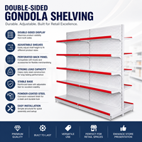 Étagère Gondole Double Face en Métal Gris Clair avec Panneau Perforé et Bordure Rouge – Présentoir Léger à Installation Rapide pour Supermarché, Empilable