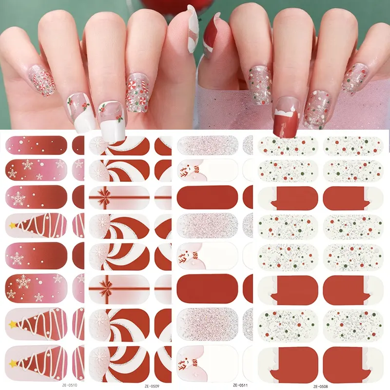 Wholesale 16 Sheet Glossy Christmas Design Long Lasting Gel Nail Sticker Snow Pattern Gel Nail Wraps