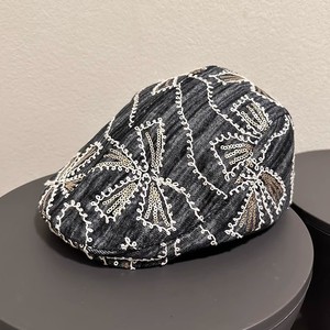 Boina vaquera bordada con lentejuelas florales para mujer, color negro y azul, primavera y otoño, 56-58 cm, sombrero de algodón transpirable - Product Image 4