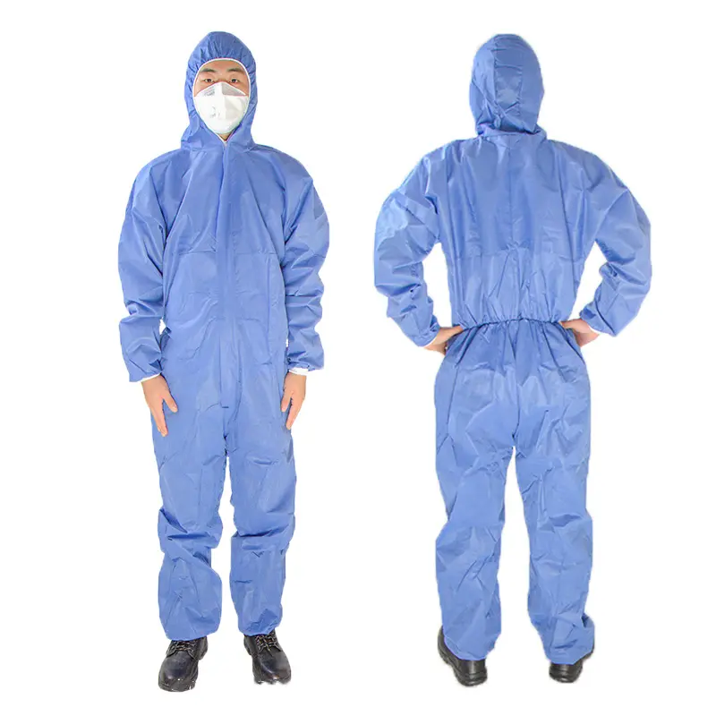 SMS 50gsm Blue Protective Coverall anti-static disposable dust proof OEM protection hooded PPE garment