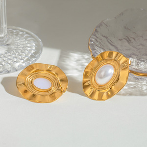 Geometric Pearl <b>Stud</b> Earrings Gold Oval Bezel Setting <b>Titanium</b> Steel Everyday Wear - Product Image 4