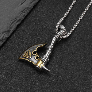<b>Viking</b> Stainless Steel Gold Plated <b>Axe</b> Pendant Necklace Two Tone With Chain 3mm 60cm Gift For Men - Product Image 2