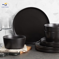 Vajillas-Assiettes et bols en céramique de luxe 16 pièces, ensemble de 4 couverts de vaisselle en grès noir mat écologique allant au micro-ondes