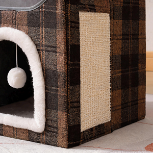 Maisonnette pour chat pliable de luxe en plaid, avec griffoir en sisal, lit douillet en peluche à 2 niveaux, condo pour chat d'intérieur - Product Image 2
