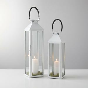 Lanternes à bougies en métal blanc de grande taille avec poignées en cuir pour la décoration de Noël à la maison - Product Image 2